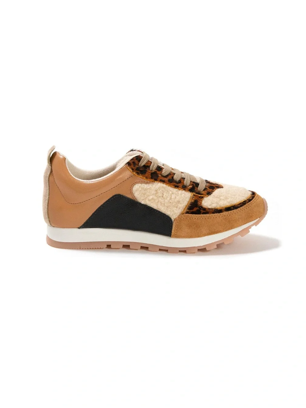 Yosi Samra Paige Tan Leather Sherpa Leopard Mix Crossover Sneakers